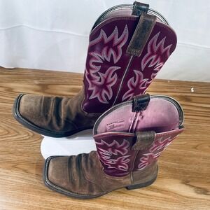 Ariat Girls Cowboy Boots Brown Pink Western Embroidered Leather Size 7.5B